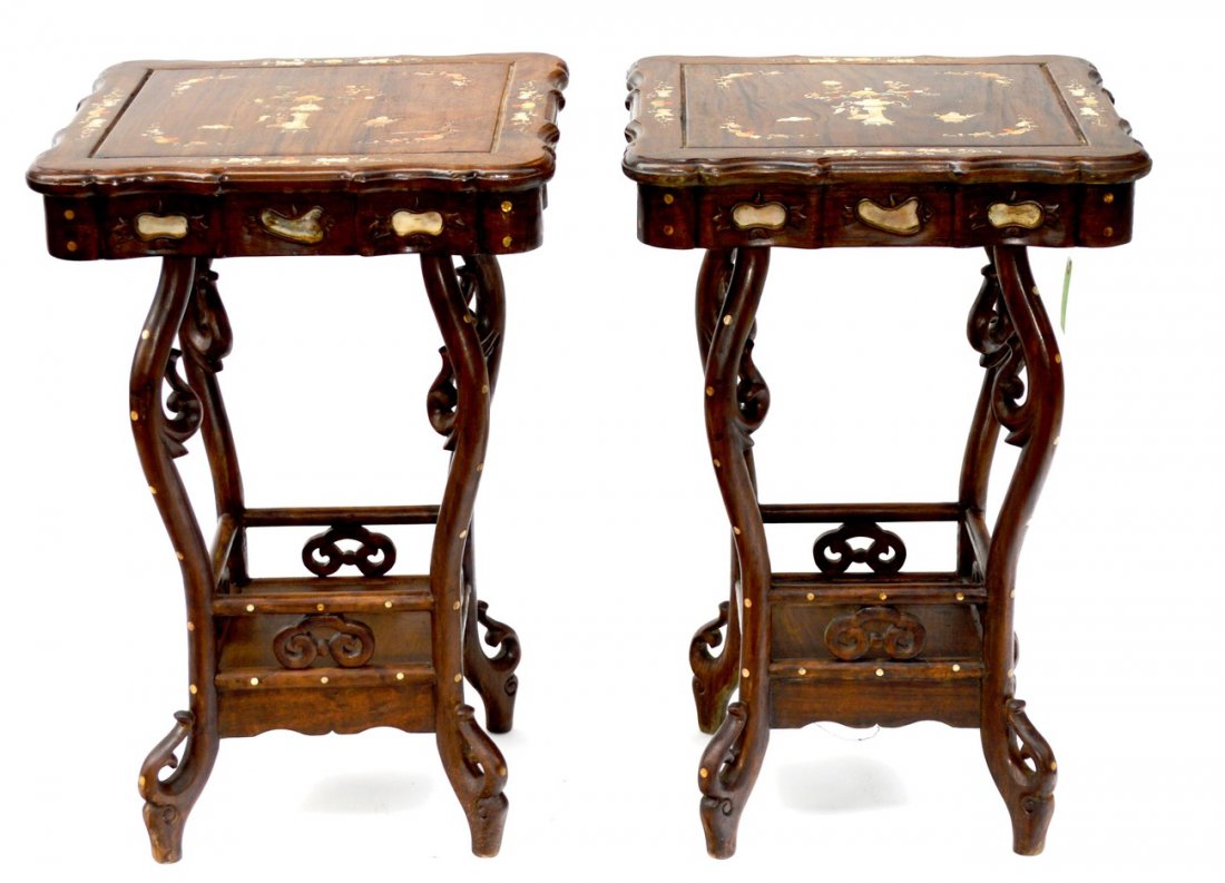 Pair of Chinese Inlaid Stands: Pair of two tier mother-of-pearl inlaid and decorated stands having inset marble along the border. 20 1/2" x 20 1/2" x 31 1/4"H.