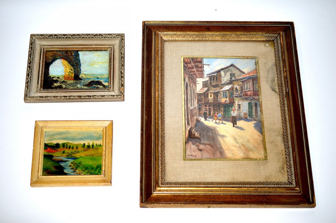 Three Works of Art: A landscape with a stream, a ocean coastal scene, together with a watercolor street scene. 7 1/2" x 6 1/2", 8" x 10", 16 1/2" x 20 1/2". Overall good condition.