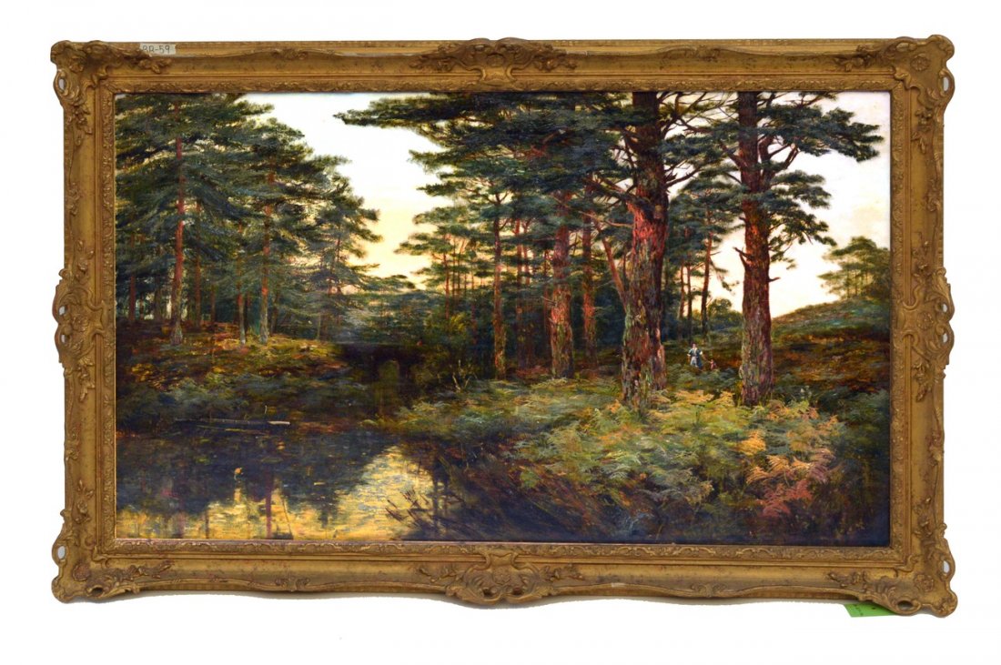 Robert Weir Allan, Forest Landscape: Wooded landscape with figures by stream and bridge. Signed bottom left: "Allan." Art: 29 1/2" x 49 1/2"; Frame: 36 1/2" x 56 3/4". Craquelure and small puncture at upper right,2 tears lower left