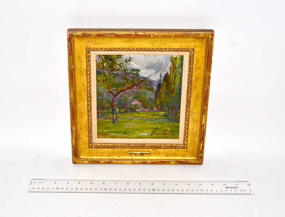 Joseph Lamberton Oil on Canvas, Landscape: Features house and mountain background. Signed bottom right, "Lamberton." Art: 7 1/2" x 7"; Frame: 12" x 11 1/4". Craquelure, otherwise in good condition.