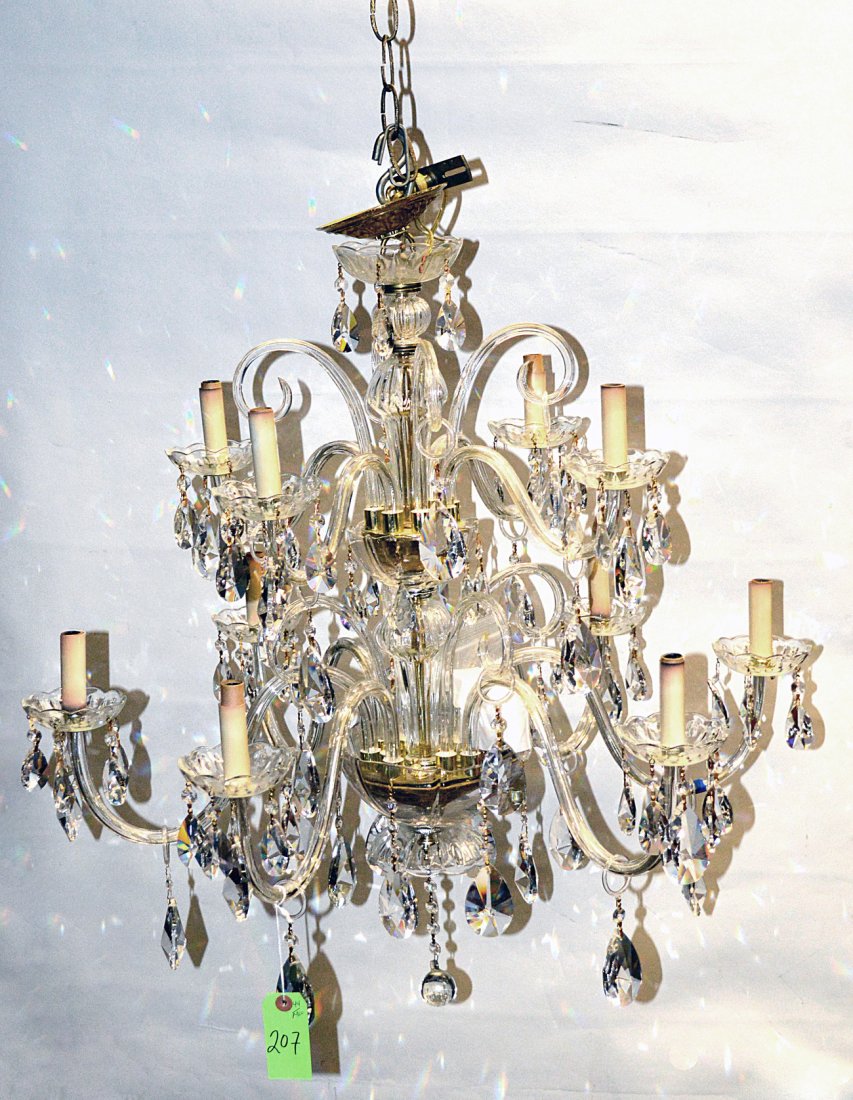 Baccarat Style Ten Light Fixture: Glass ten light fixture. One arm broken.