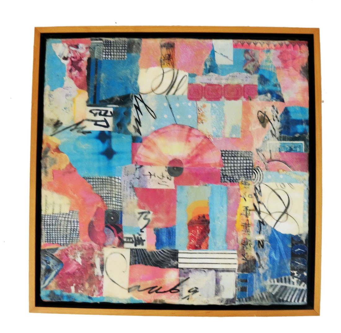 E.E. TUCKER: Abstract Mixed Media Collage: E.E. Tucker "Gravitating Fragments #1", a collage with Oriental theme and beeswax on canvas, initialed on back, with label. [Art: 12" x 12"; Frame: 13 1/2" x 13 1/2"]. We cannot accept condition or ph