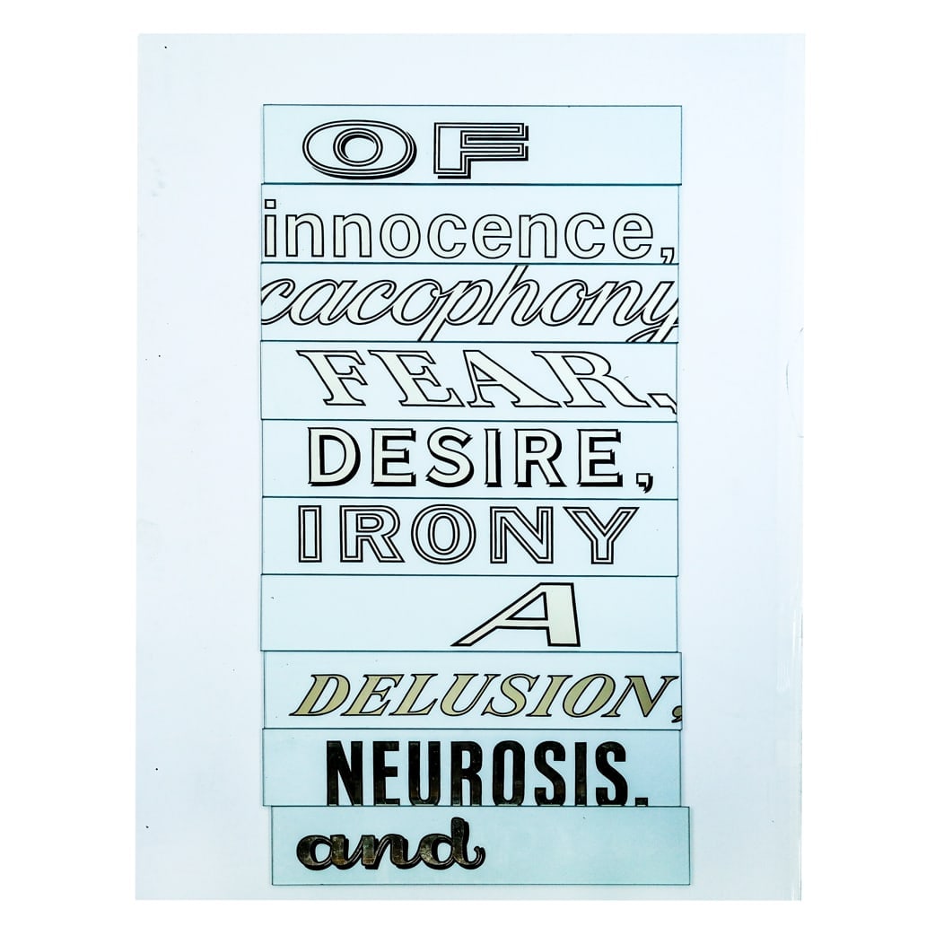 Joe AMRHEIN: "Cacophony" - Text on Glass: Joe Amrhein (American, b. 1953) text stenciled on ten glass panels, titled "Cacophony". With bracket for mounting. Overall in good condition with light wear. Locate at the Warehouse We cannot accept c