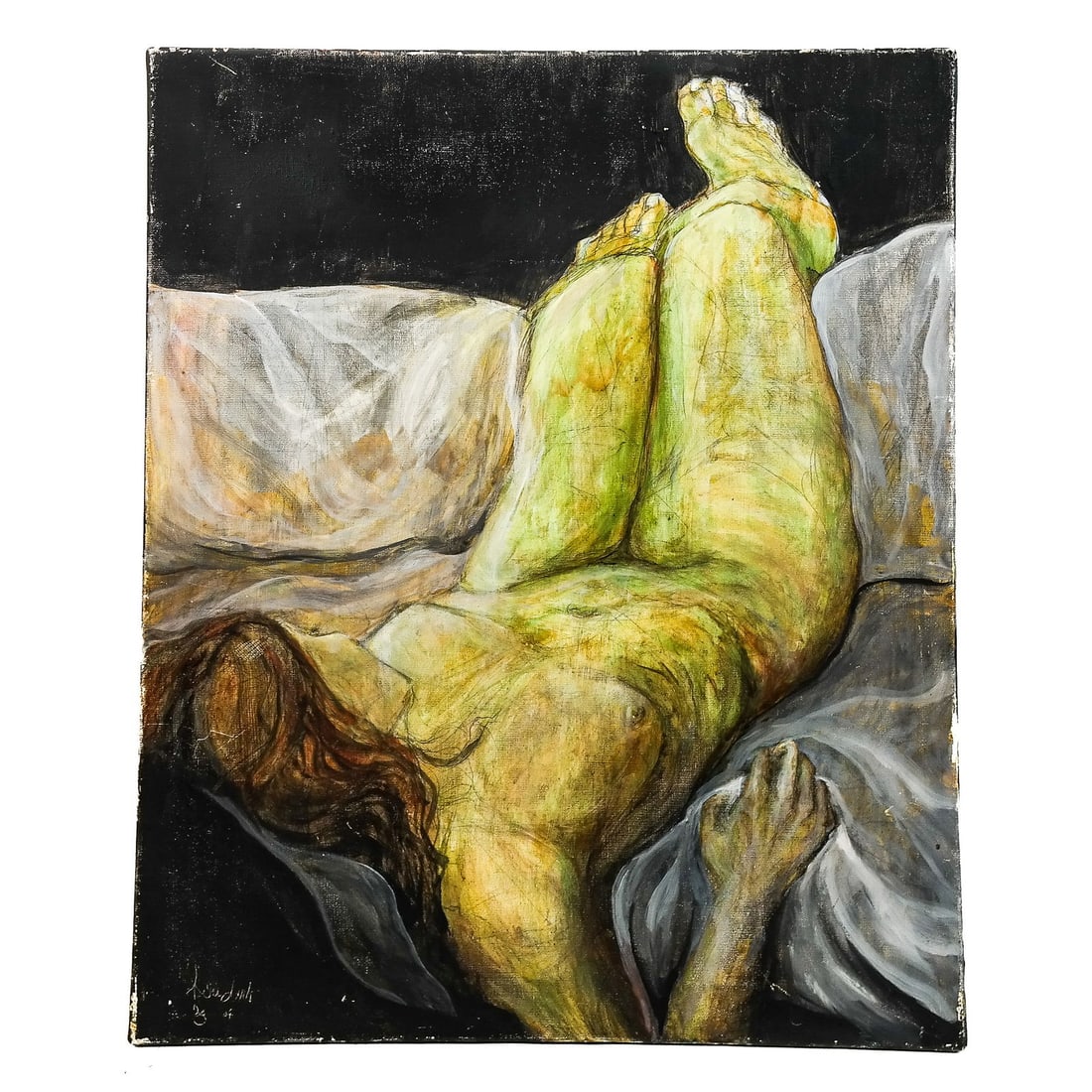 Reclining Female Nude - Signed Painting: An unframed oil on canvas painting depicting a reclining female nude on a sofa, illegibly signed "Abra". [29" H x 24" W]. Locate at the Warehouse We cannot accept condition or photography inquiries on