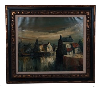 Signed WEBER (?): Houses on a Canal - Oil Painting