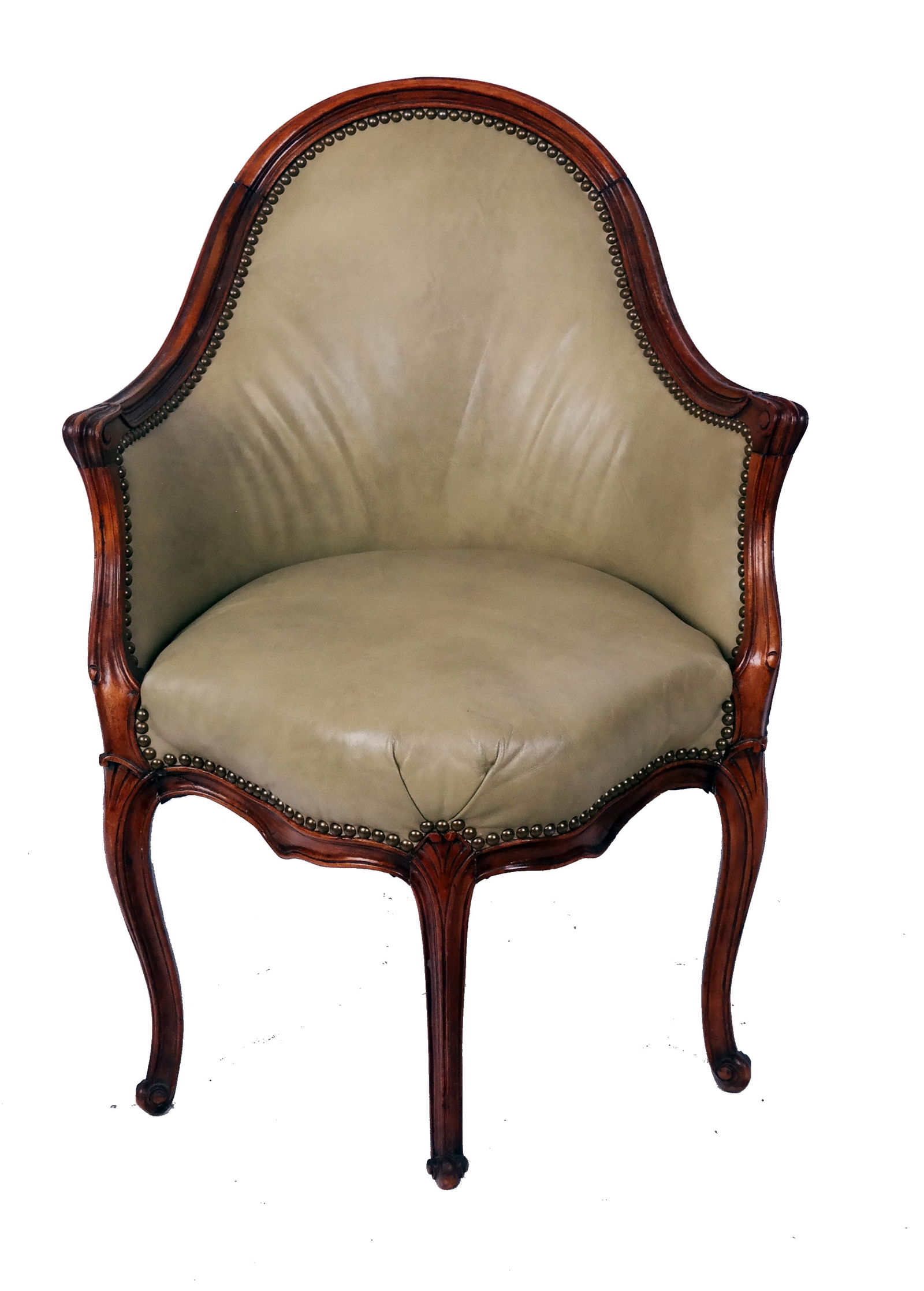 19th C. French Provincial Bergere: 19th century French Provincial bergere with pale green upholstery. [35" H x 25 1/2" W x 23" D; 18" H to seat].