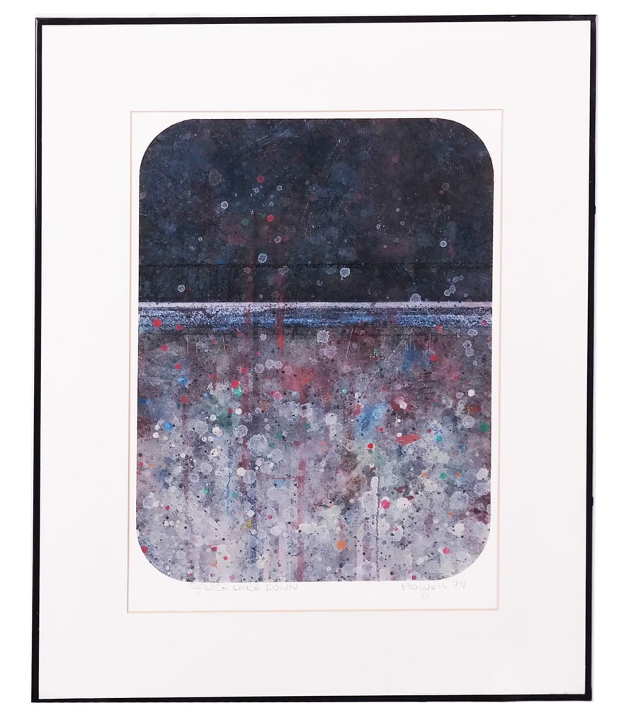 Elwood HOWELL: "Splash Lake" - Mixed Media: Elwood Howell work in acrylic and staples mounted on paper, titled "Splash Lake Down", signed lower right, 1974, bearing gallery info on back. [Art: 13" H x 10" W; Frame: 20" H x 16" W]. Condition rep