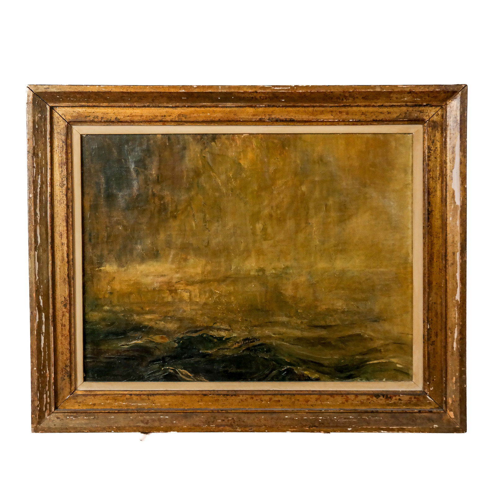 HEUREUX (?): "Rain in the Channel" - Oil Painting: Oil on canvas painting of a rainy scene on water with faint buildings in the background, signed "Heureux"(?) lower left on verso and titled, 1945. [Art: 16" H x 20" W; Frame: 22" H x 26" W]. Condition
