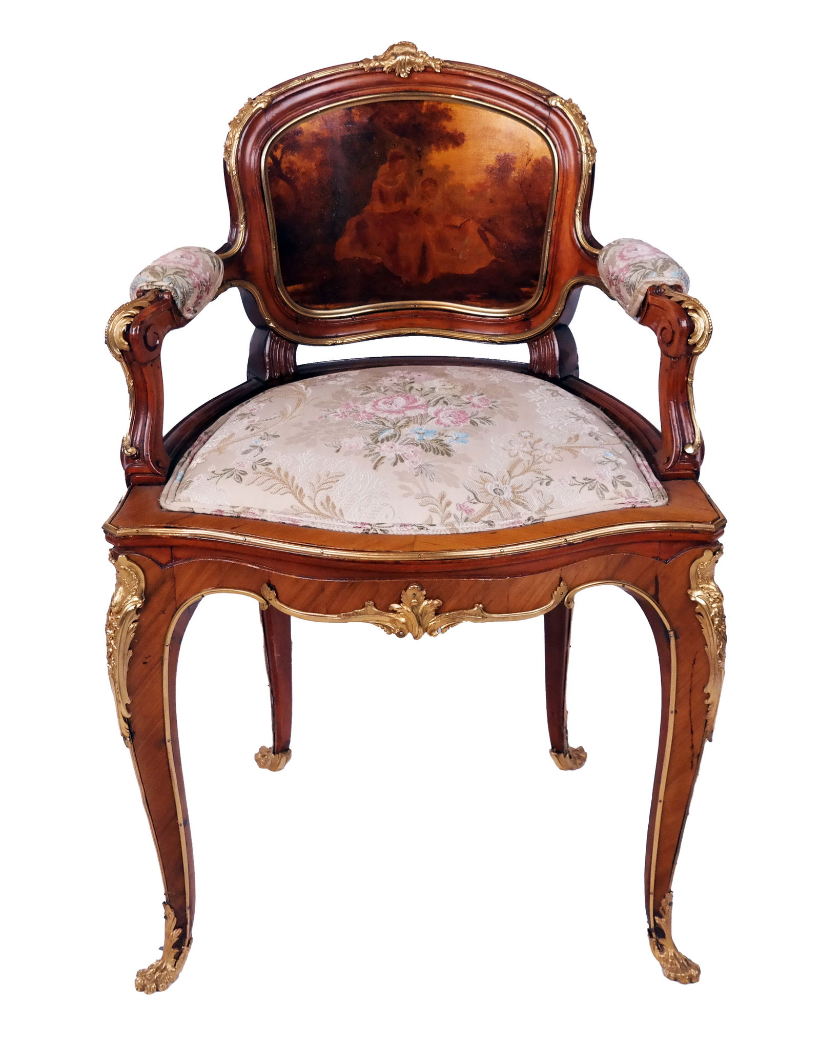 Francois Linke-Manner Boudoir Chair: Late 19th century Louis XV-style boudoir chair, in the manner of Francois Linke, with vernis martin-decorated back and gilt bronze-mounts. [33 1/2" H x 21" W x 17 3/4" D]. Holes, losses and cracks; we