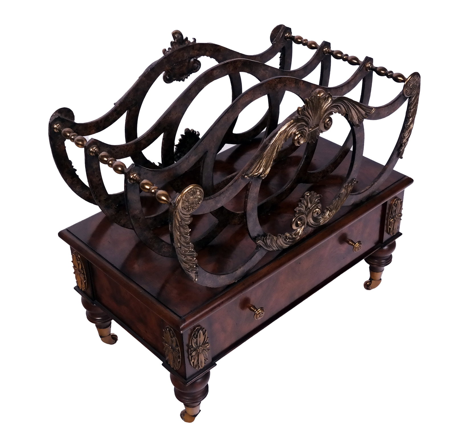 Maitland Smith Burlwood Canterbury: Maitland Smith burlwood and gilt metal canterbury, 20th century, with painted iron dividers and brass accents, marked in drawer. [23" H x 24" W x 14" D]. Minor wear; usual nicks. Condition reports and
