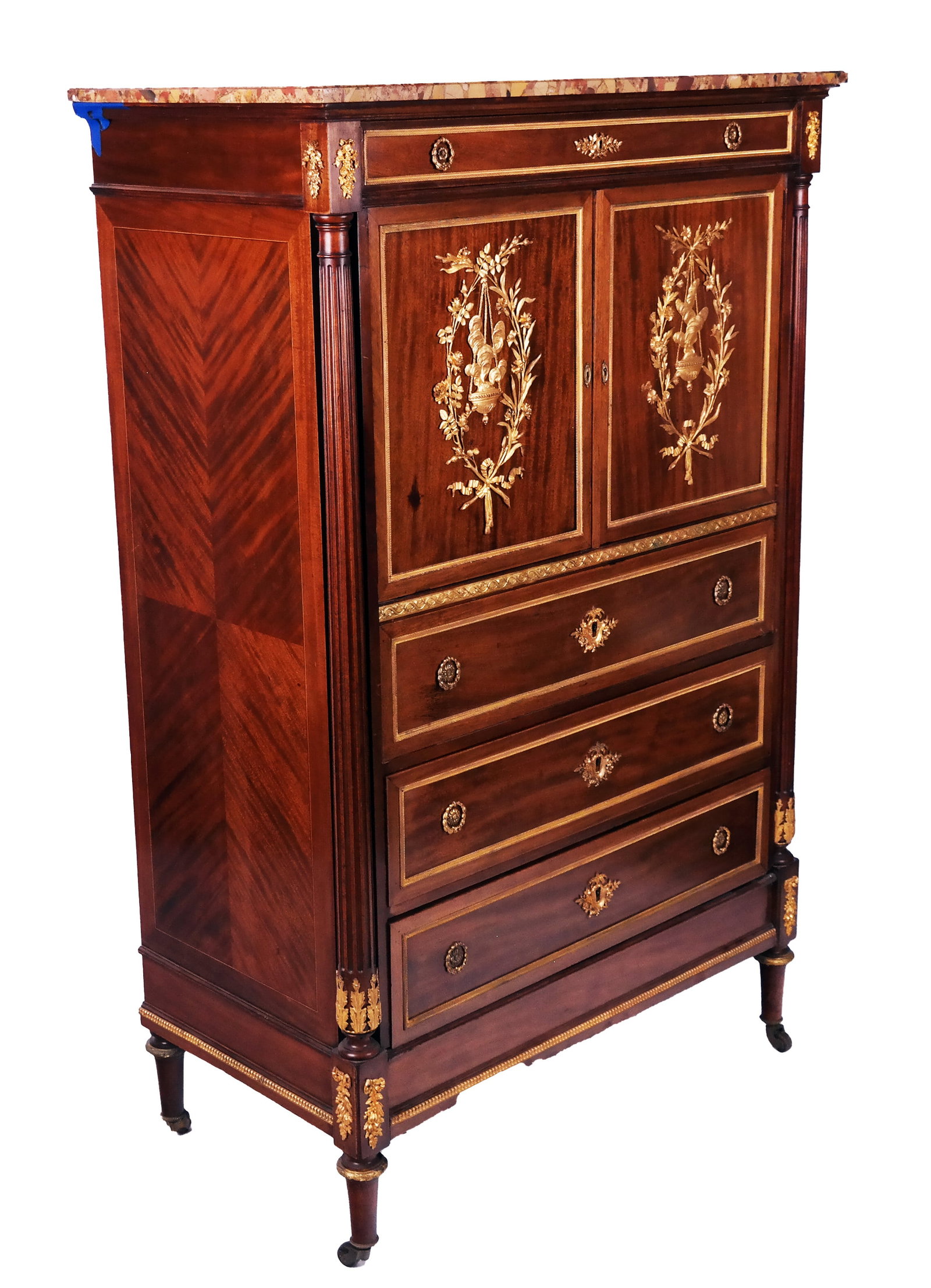 Louis XVI-Style Bronze-Mounted Chest: Louis XVI-style gilt bronze-mounted chest, 20th century, with marble top, on caster feet. [61" H x 39" W x 20 1/2" D]. Minor nicks.