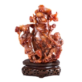 Chinese Carved Agate Lidded Vase w/ Base