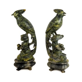Pair of Carved Jade Cockatiel Figures