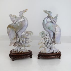 Pair of Carved Jade Crane Sculptures