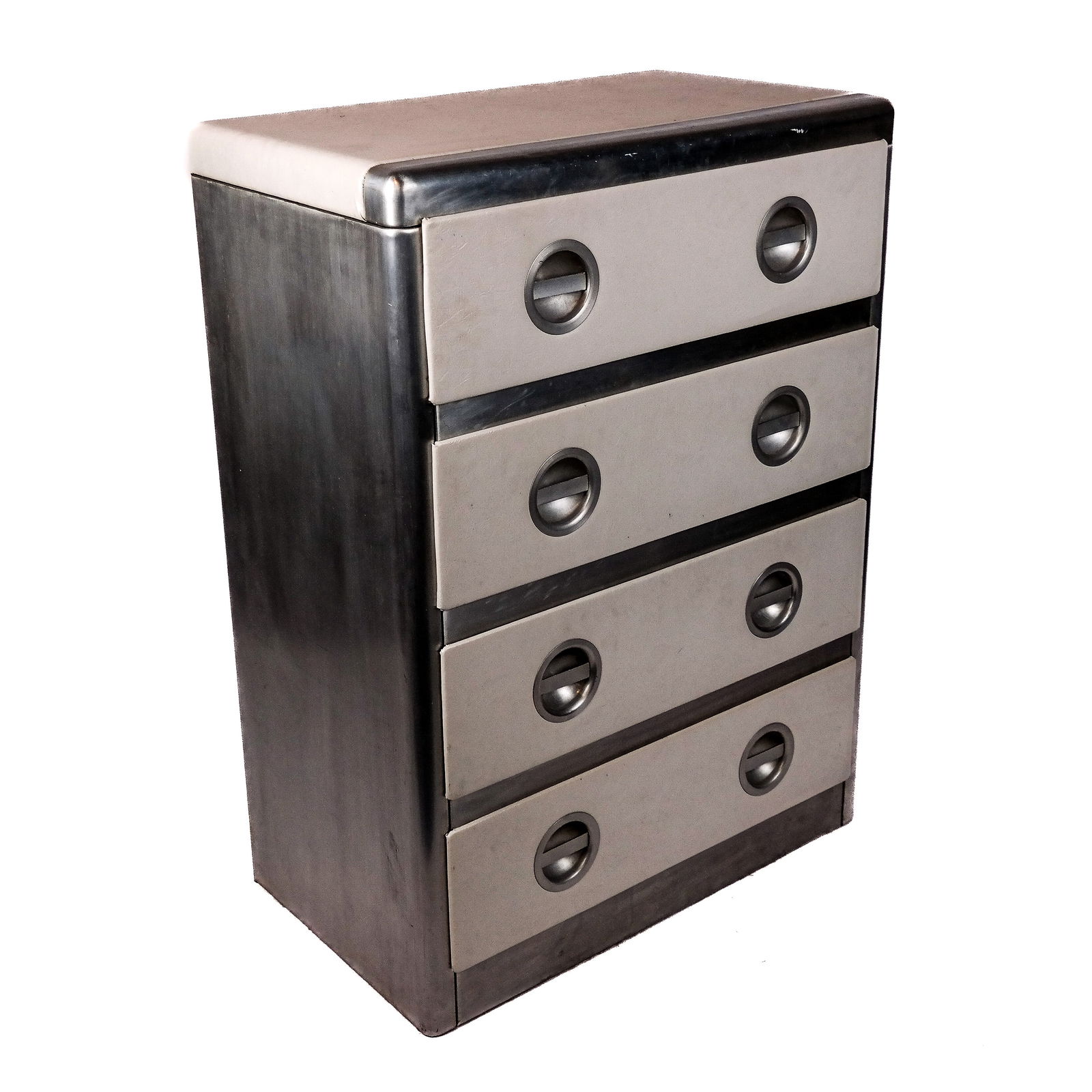 Art Deco-Style Aluminum Chest of Drawers: Art Deco-style aluminum chest of drawers, after a model by Norman Bel Geddes (American, 1893-1958), with industrial streamline modern details and applied vinyl. [46" H x 34" W x 19 1/2" D]. Condition