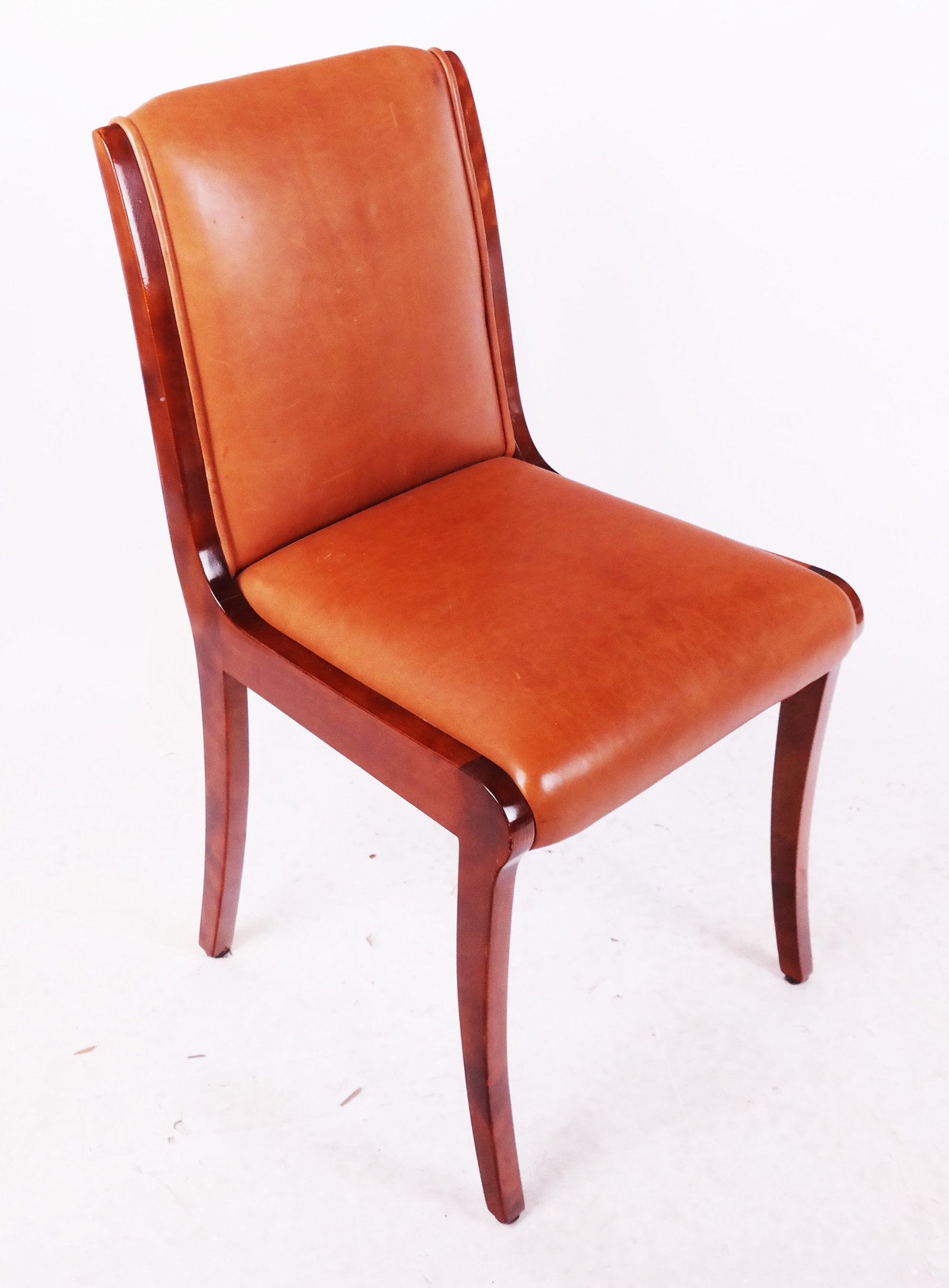 Art Deco Mahogany Side Chair: Art Deco mahogany side chair, in the French taste, with tan upholstered seat. [34" H x 17 1/2" W x 17 1/2" D]. Stains, marks and wear. Condition reports and requests for additional photos cannot be ac