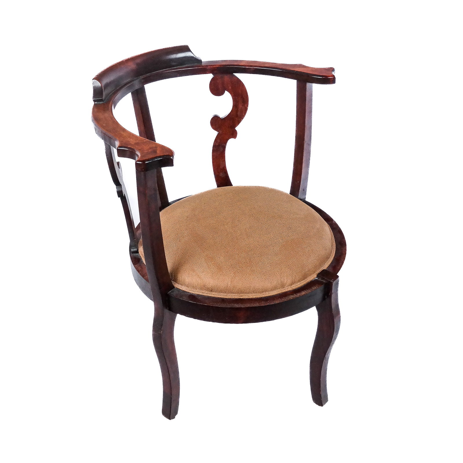 Mahogany Smoker's Bow Corner Armchair: Mahogany smoker's bow corner armchair, in the Georgian manner, with carved frame. [29 1/2" H x 25 1/2" W x 23" D]. Condition reports and requests for additional photos cannot be accepted on this lot, 