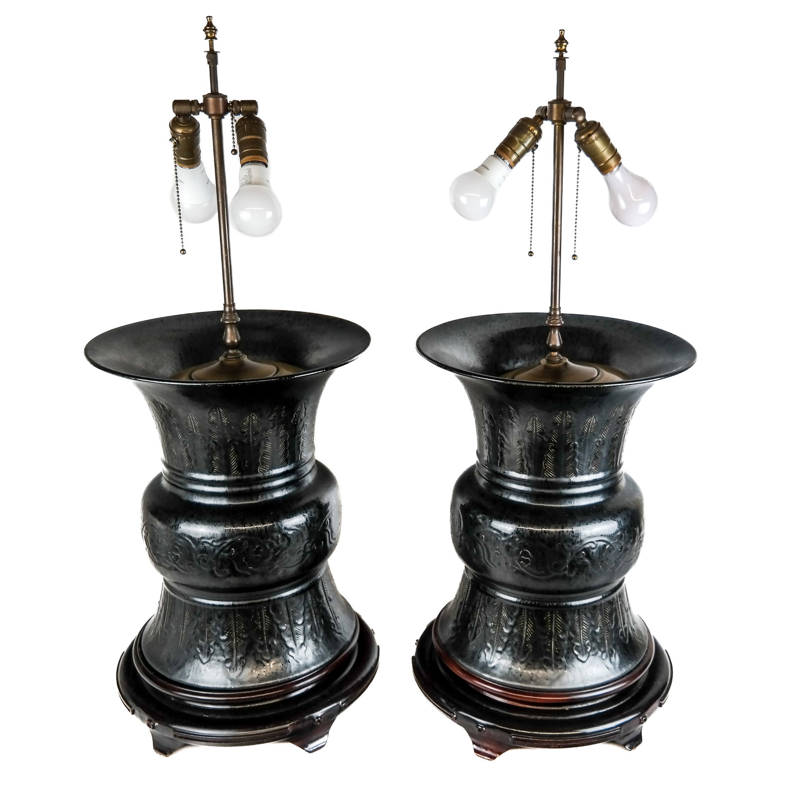 Pair of Chinese Ku-Form Lamps: Pair of 20th/21st century Ku-form lamps, possibly black Peking glass, with wooden base. [34" H to finial; Vase: 20" H (from top of vase) x 14" Diam.].
