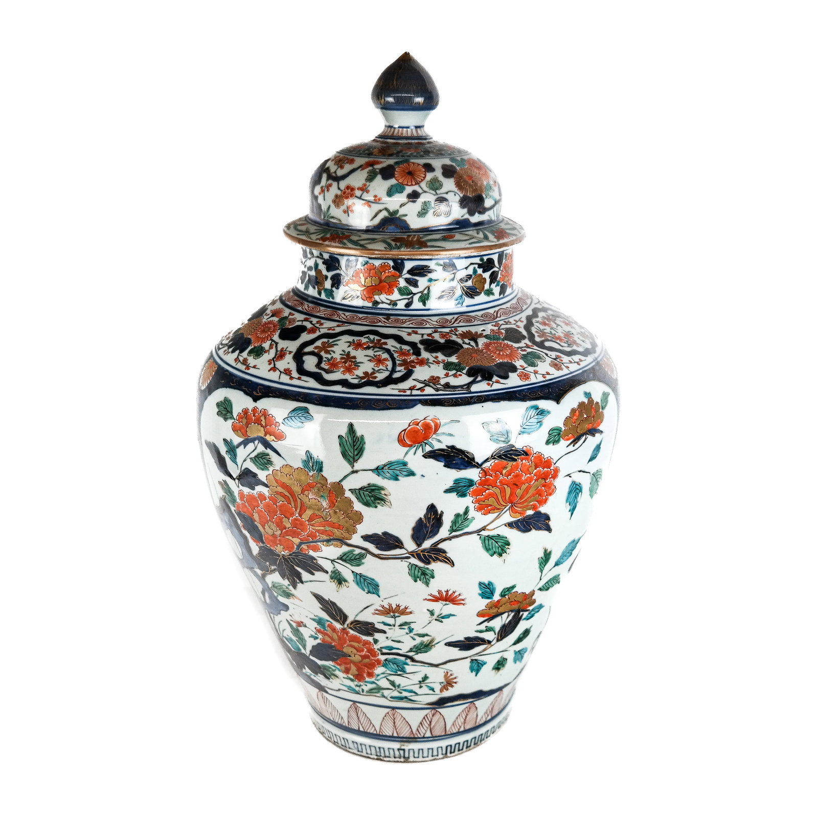 Japanese Imari Porcelain Covered Jar: Japanese Imari porcelain covered jar, probably 19th century, of baluster form, floral decorated in traditional colors. [26" H x 15" Diam.]. Damage to finial.