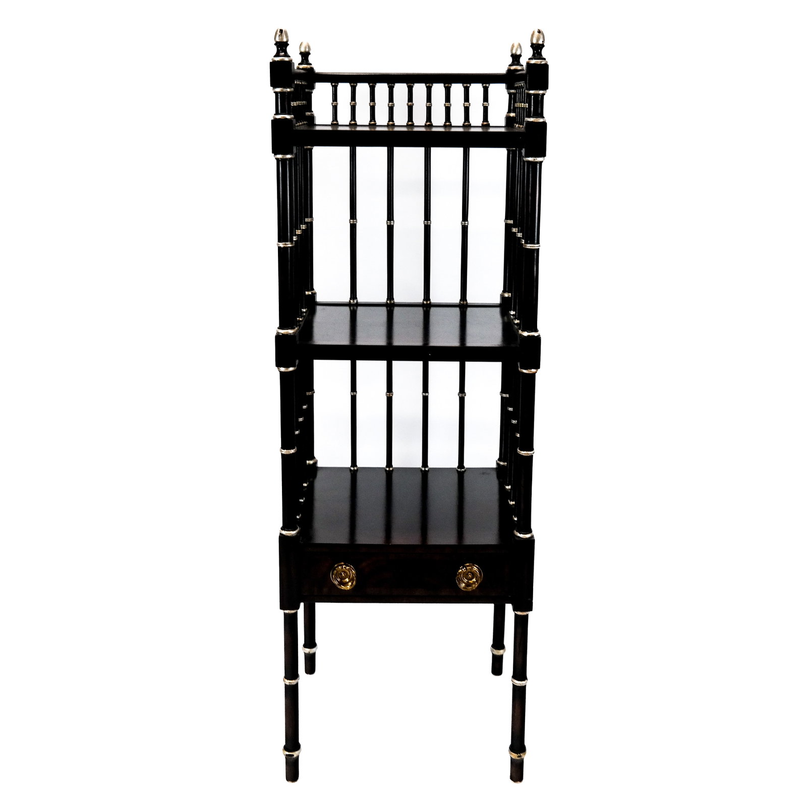 Maitland Smith Mid-Century Modern Ebony Etagere: Mid-century modern three-tier etagere, black and silver painted. [60 1/2" H x 19 1/2" W x 15" D]. Condition reports and requests for additional photos cannot be accepted on this lot; please bid accord