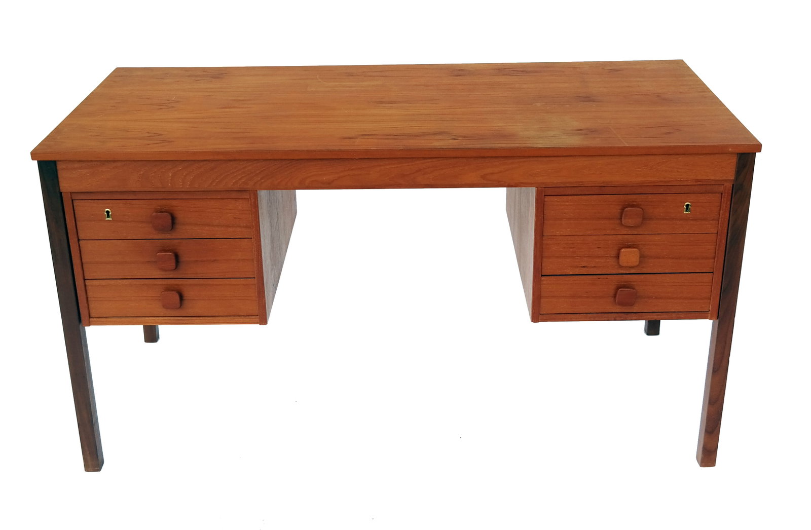 Domino Mobler Mid-Century Modern Teak Desk: Domino Mobler mid-century modern Danish teak writing desk, bearing label to underside. [28 3/4" H x 53" W x 23 1/8" D]. Wear, with stains and scratches.