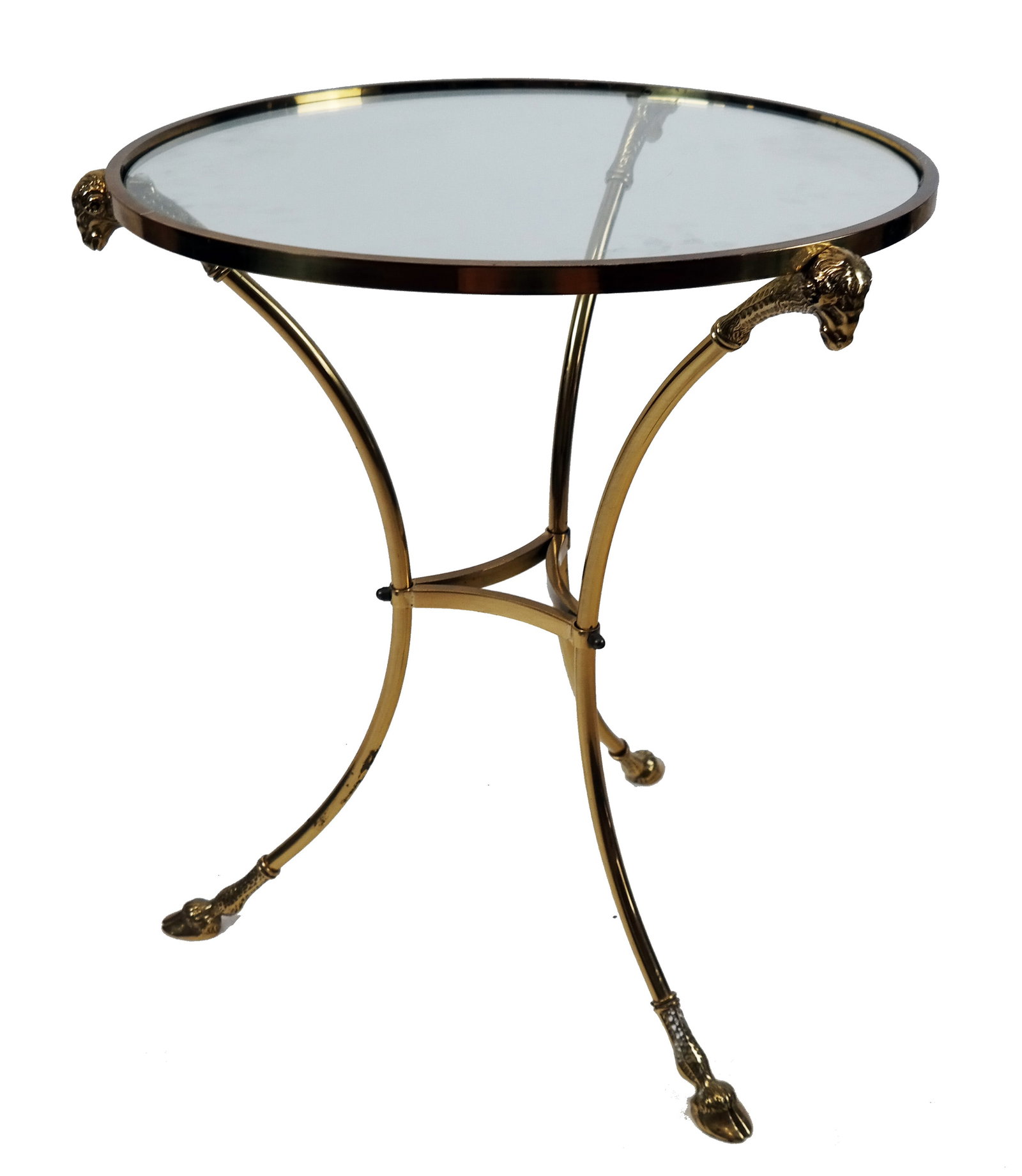Regency-Style Brass Gueridon: 20th century, circa 1930, ram's form and glass inset table. [25" H x 22" Diam.]. In good condition. Condition reports and requests for additional photos cannot be accepted on this lot; please bid acco
