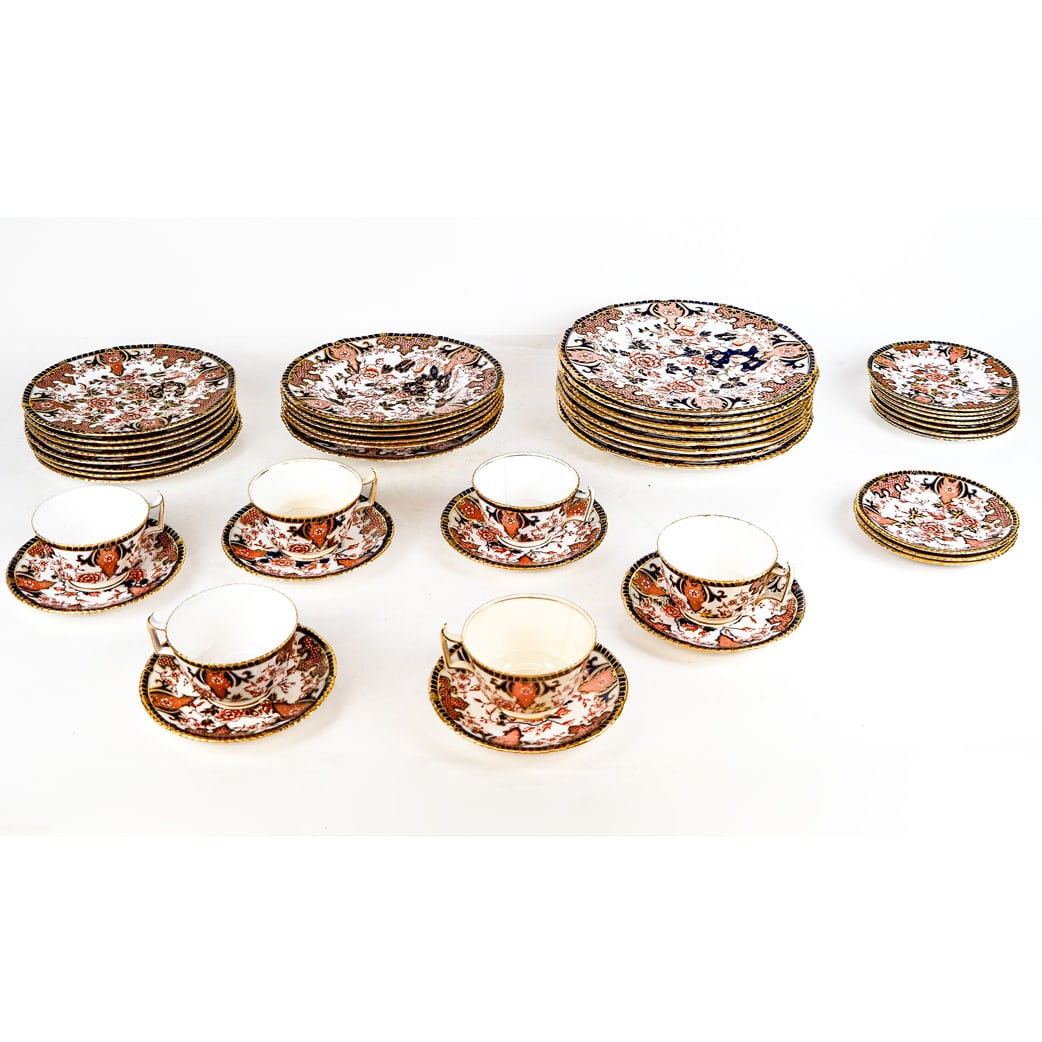 Royal Crown Derby Partial Bone China Dinner Set (35+): Royal Crown Derby partial bone china dinner set, English, retailed by Black, Starr & Frost, Gorham, pattern 22244, comprising 8 dinner plates [10 3/8" Diam.], 8 salad plates [8 1/8" Diam.], 8 soup bow