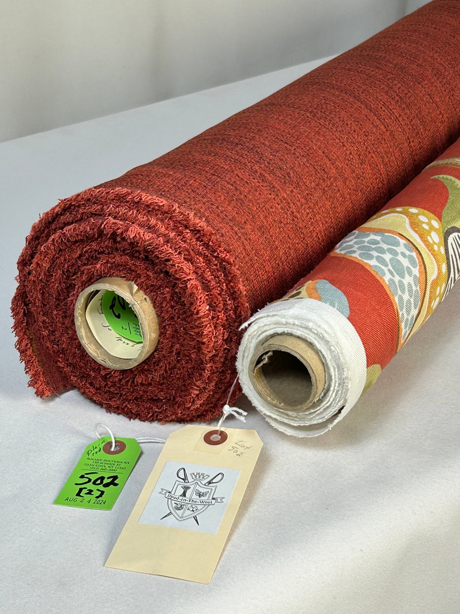 Braemore Print and Fabricant Strie Fabrics: 1) 4 1/2 yards of Braemore Fabrics exotic floral and fruit 11-color printed linen, 55" width. 25 1/4" vertical repeat by half-drop across the full width, with soil and stain repellent. Fine for window
