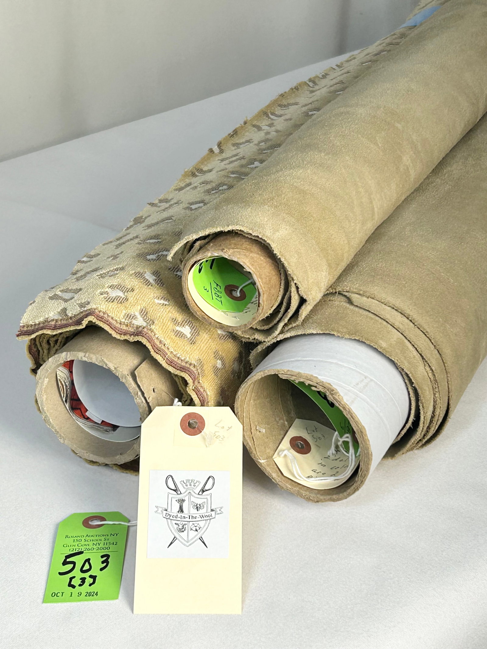 Edelman Suede and Pierre Frey Velvet Fabric: 1) 42 square feet of Edelman "Royal Suede" leather in "Paperbag" colorway. There are 3 half hides of the same lot. Double-sided and fine for upholstery. 2) 3 yards of a Pierre Frey/Braquenie modern le