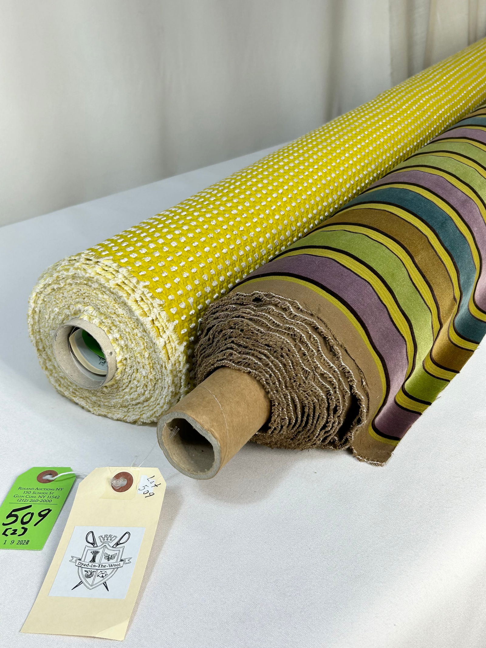 Lelievre Stripe and Brochier Popcorn Fabric: 1) 5 1/4 yards of Lelievre's "Millesime" striped viscose and cotton velvet in a rich color combo of malachite, blue, lilac and citron, # 0667/04, 53" width. Sold through Stark, the multi-purpose texti