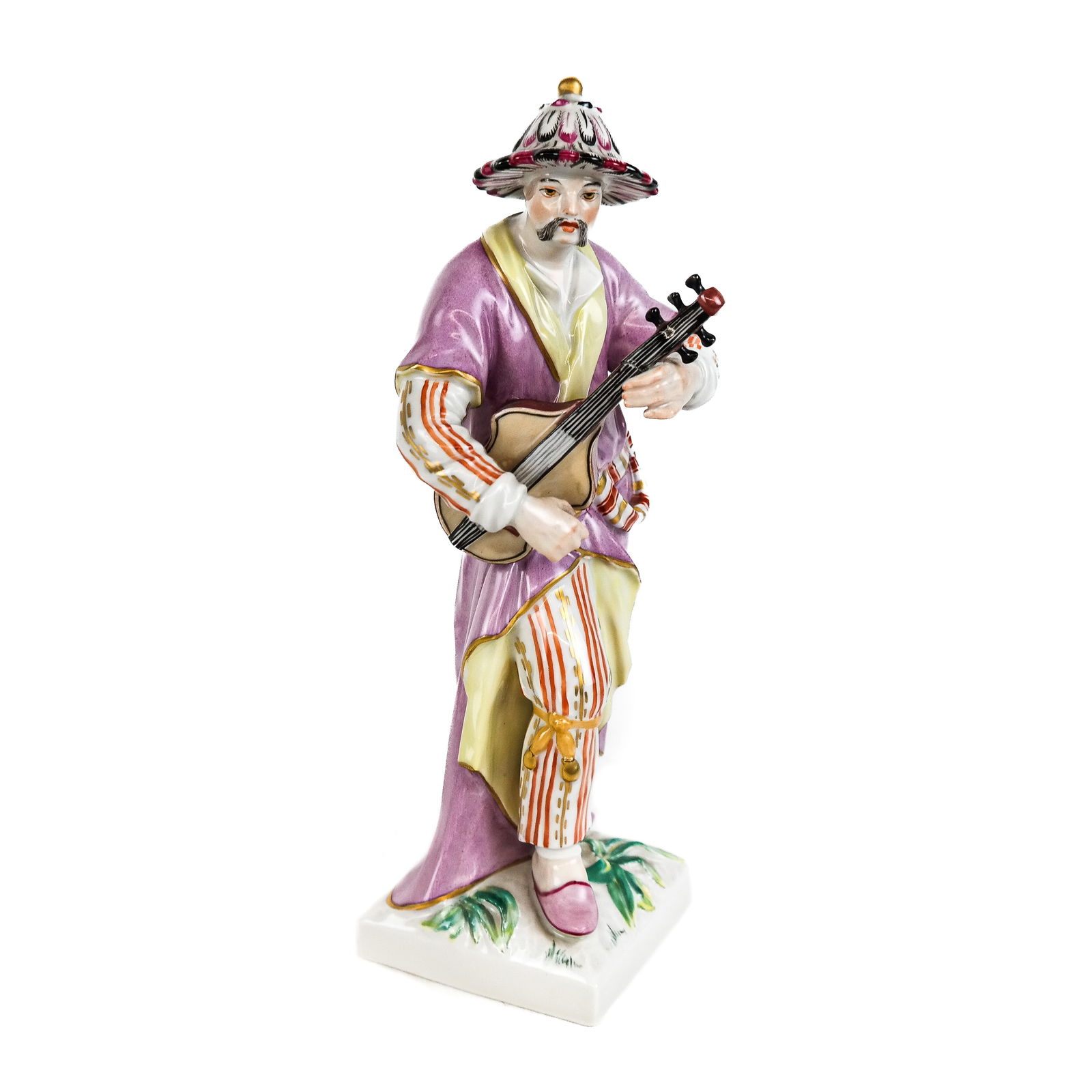 KPM German Painted Porcelain Figure: KPM German painted porcelain figure, in the Chinoiserie manner, depicting a musician in exuberant attire, marked to base and signed. [9" H x 2 3/4" W x 2 3/4" D]. Condition reports and requests for ad