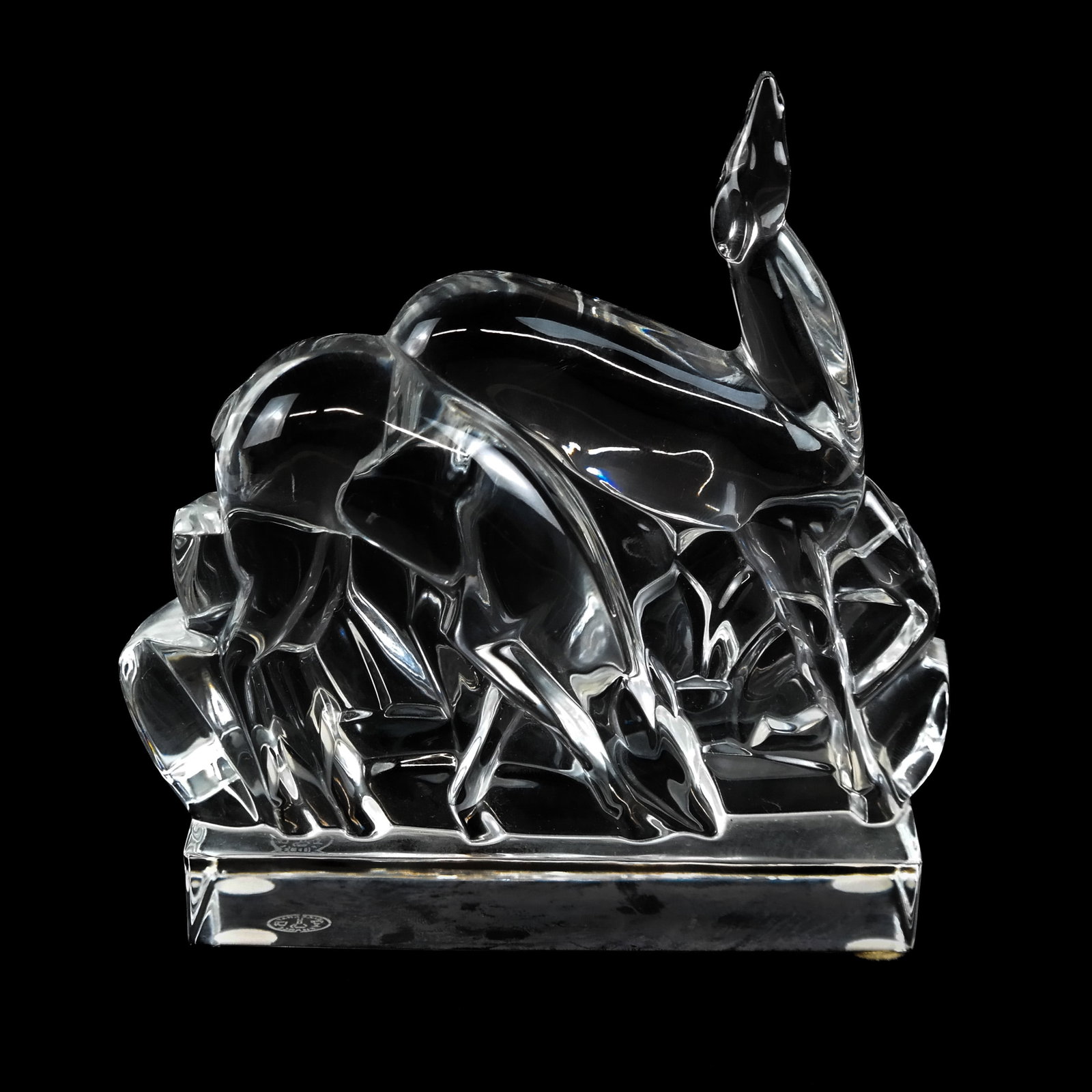 Baccarat French Glass Deer Sculpture: Baccarat French glass deer sculpture, marked to base. [6" H x 3 7/8" W x 2" D]. Condition reports and requests for additional photos cannot be accepted on this lot; please bid accordingly. This is not