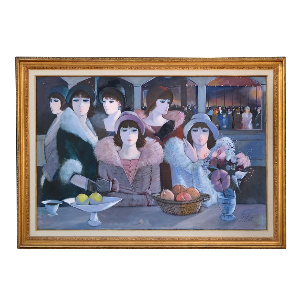 Charles LEVIER: "Sortie du Theatre" - Oil Painting: Charles Levier (French/American, 1920-2003) oil on canvas titled "Sortie du Theatre" depicting six stylish women with theatergoers in the background, boldly signed lower right "Levier" and again on ve