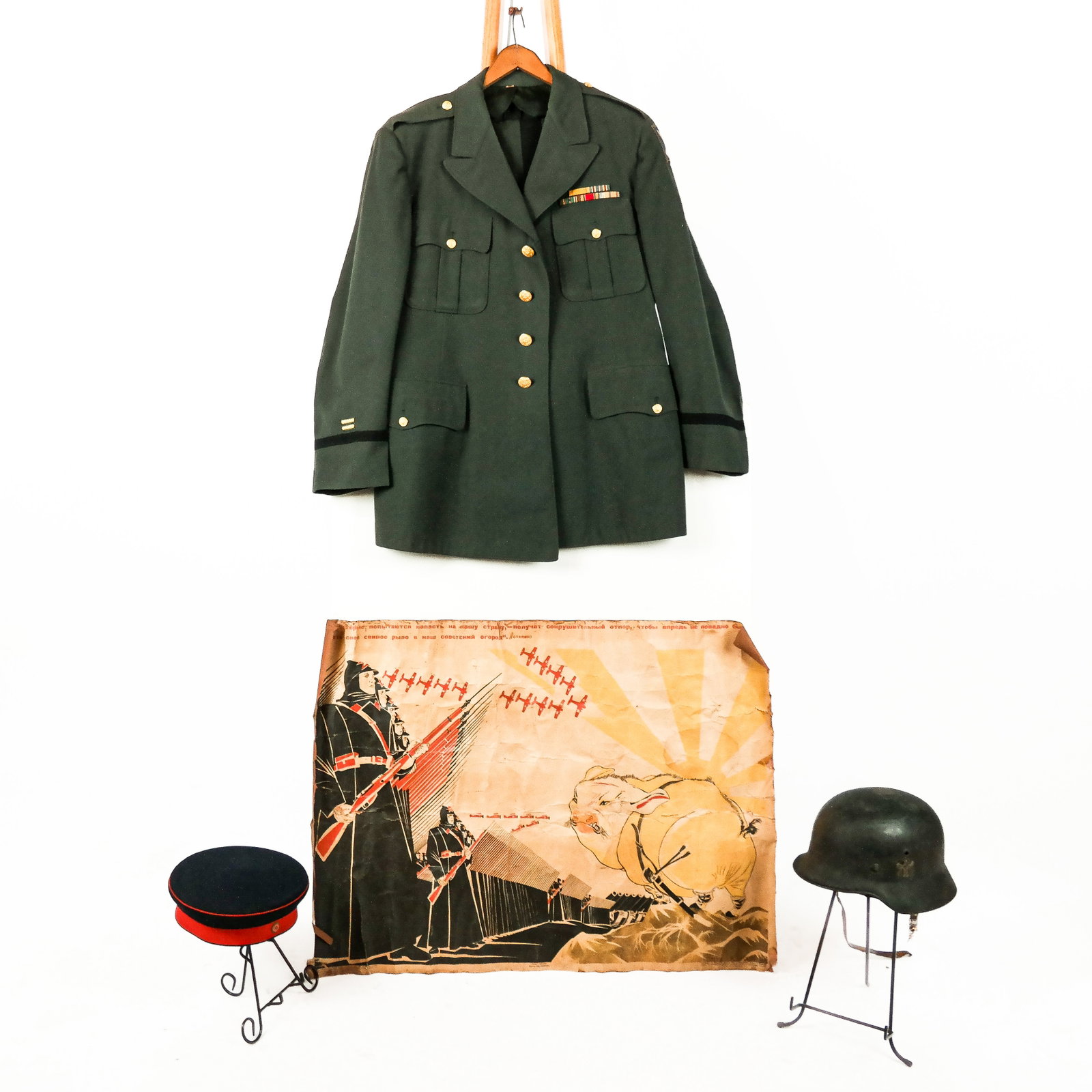 Joseph W. Stanley's WWII Jacket & Others: Lot comprising: 1) Then Major Stanley's green dress uniform jscket and two rows of European Campaign bar ribbons and 21st Corps shoulder insignia patch; 2) World War I German enlisted infrantry wool c