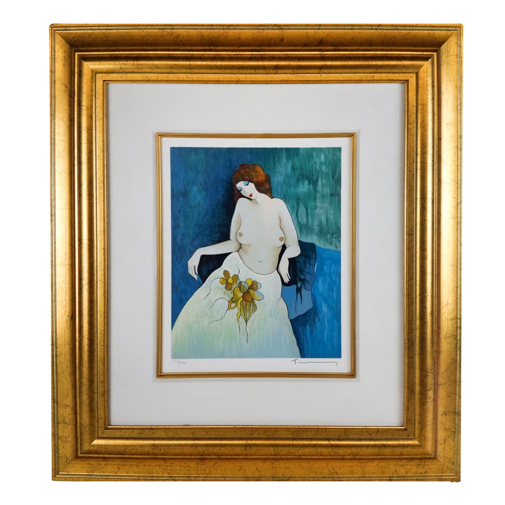 Itzchak TARKAY: "Blue-Eyed Blues" - Serigraph: Itzchak Tarkay (Serbian/American, 1935-2012) serigraph titled "Blue-Eyed Blues", depicting a semi-nude woman in a white dress, signed lower right, numbered 275/450. [Art: 11" H x 9" W; Frame: 24" H x 