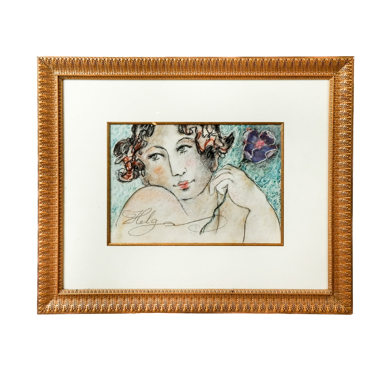 HELGA: Woman with Flower - Mixed Media: Mixed media work on Strathmore paper, depicting a woman with purple iris flower, signed "Helga" lower left. [Art: 10" H x 14" W; Frame: 22" H x 26" W]. Condition reports and requests for additional ph