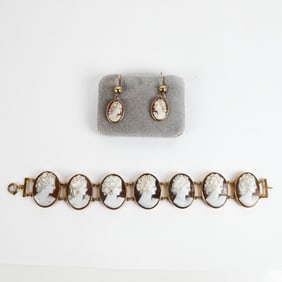 Shell Cameo and 14K Gold Earrings and Bracelet (2)