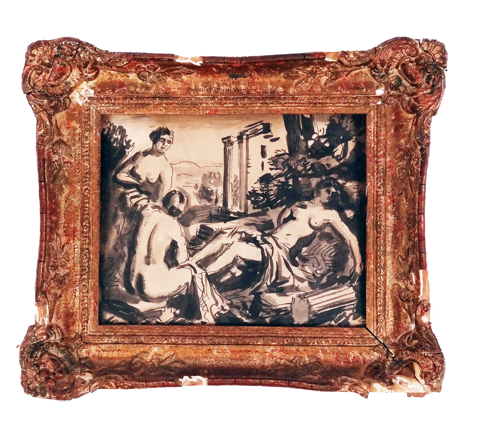 Arthur GUEYDAN: Nudes in Garden - W/C Painting: Arthur Gueydan (Swiss, 1895-1981) framed watercolor painting of nude women in a garden setting, inscribed on frame "1934 / Gift of the Artist". Signature not found. [Art: 7 1/2" H x 9" W; Frame: 12" H