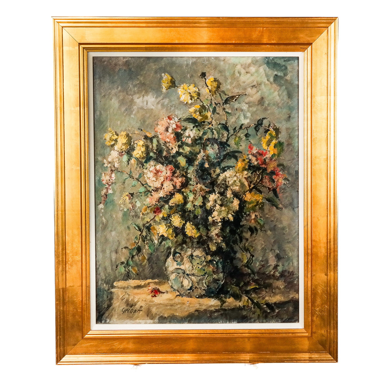 Floral Still Life - Oil Painting: Gilt-framed still life of flowers in a vase, illegibly signed lower left. [Art: 25 1/2" H x 19 1/4" W; Frame: 32 3/4" H x 26 3/4" W]. In good condition. Condition reports and requests for additional p