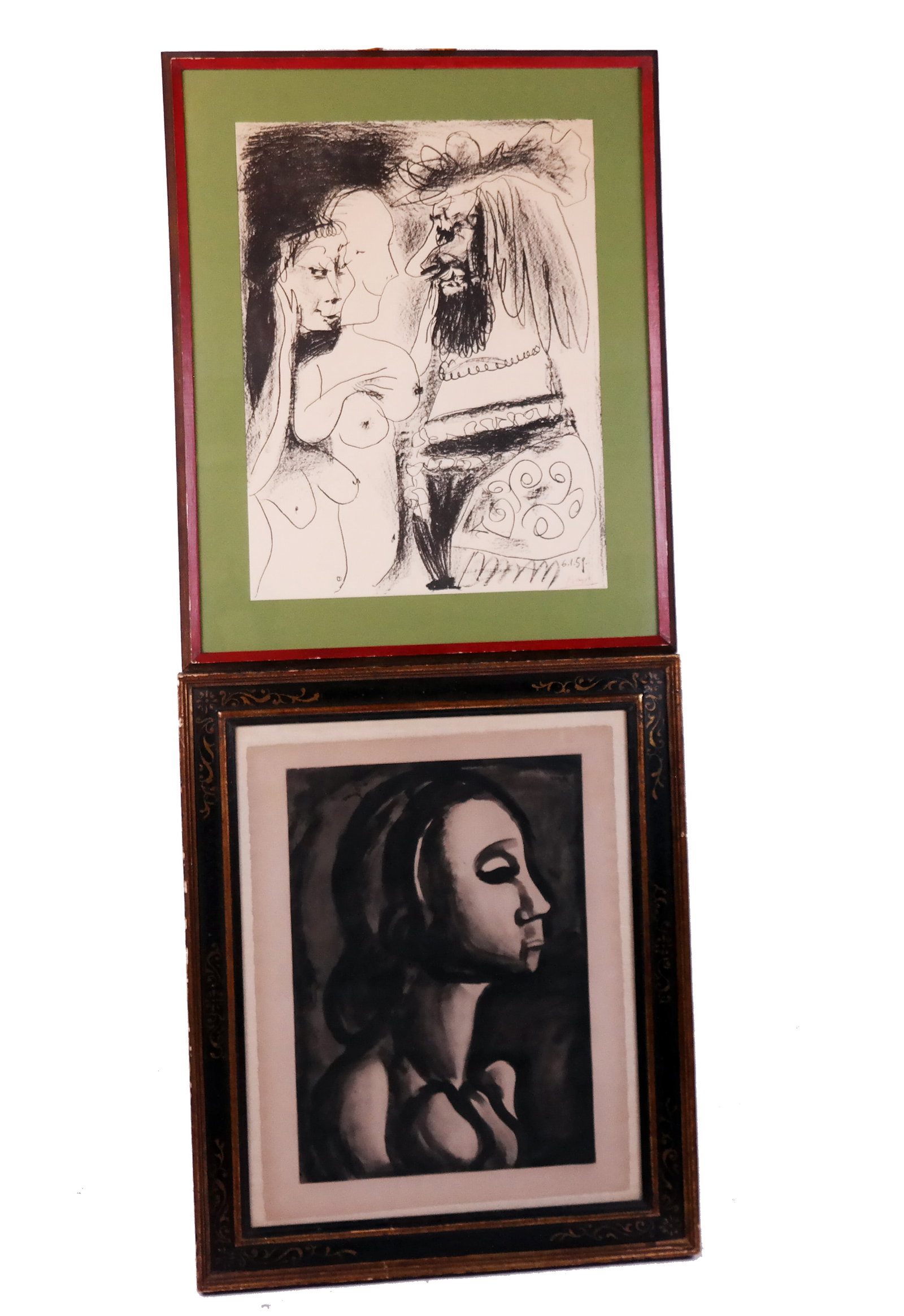 Two Black & White Prints: Two framed black and white prints, comprising a portrait and a Picasso figural nude group scene. [Frames: 32 3/4" H x 27 1/2" W; 33" H x 26 1/2" W]. Condition reports and requests for additional photo