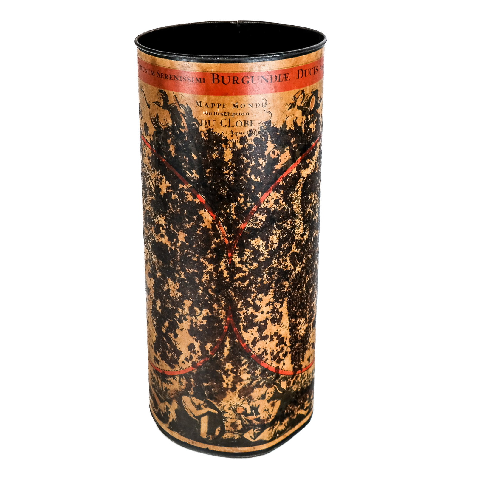 Decorated Tole Paper Basket: Decorated basket, Italian, with Italian print. [21" H x 9 3/4" Diam.]. Worn. Condition reports and requests for additional photos cannot be accepted on this lot; please bid accordingly. This is not an