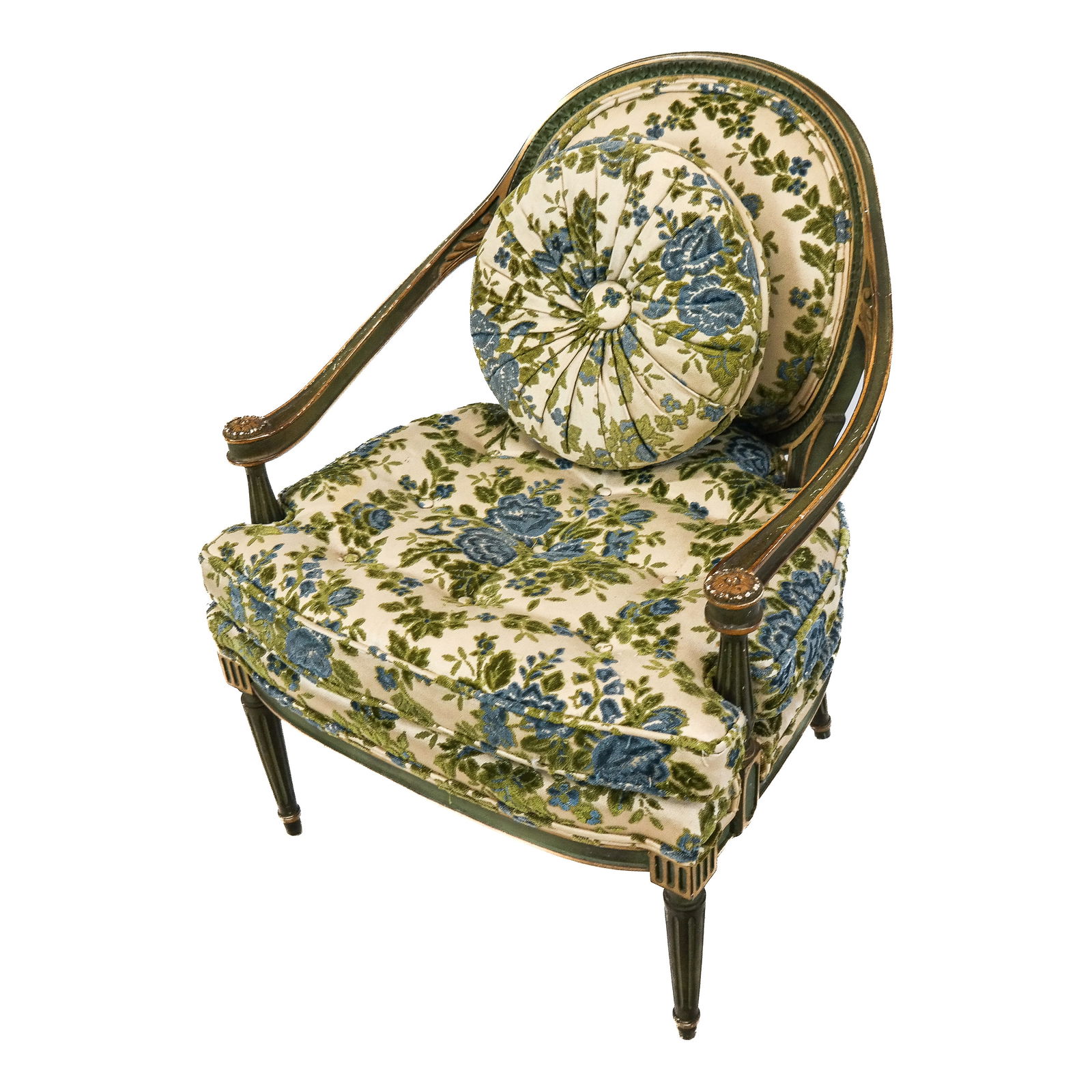 English Early 20th C Scoop Form Fauteuil: Art Deco-style armchair with Louis XVI-style legs, painted green with gilt trim, floral-upholstered. [32" H x 24" W x 27" D].