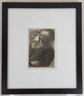 After Kathe KOLLWITZ: "Mother and Child" - Etching: After Kathe Kollwitz (German, 1867-1945), drypoint etching and aquatint, titled "Mutter mit Kind auf dem Arm" ("Mother with a Child in her Arm"), matted and contained under glass in a black painted fr
