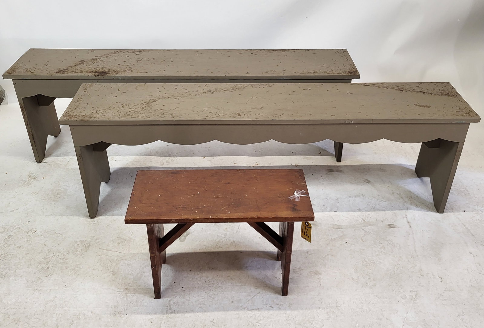 Pair of Hand-Painted Benches, Other: Three benches, including a pair. [18 1/2" H x 59 1/2" W x 12" D]. Each needs re-painting. Condition reports and requests for additional photos cannot be accepted on this lot; please bid accordingly. T