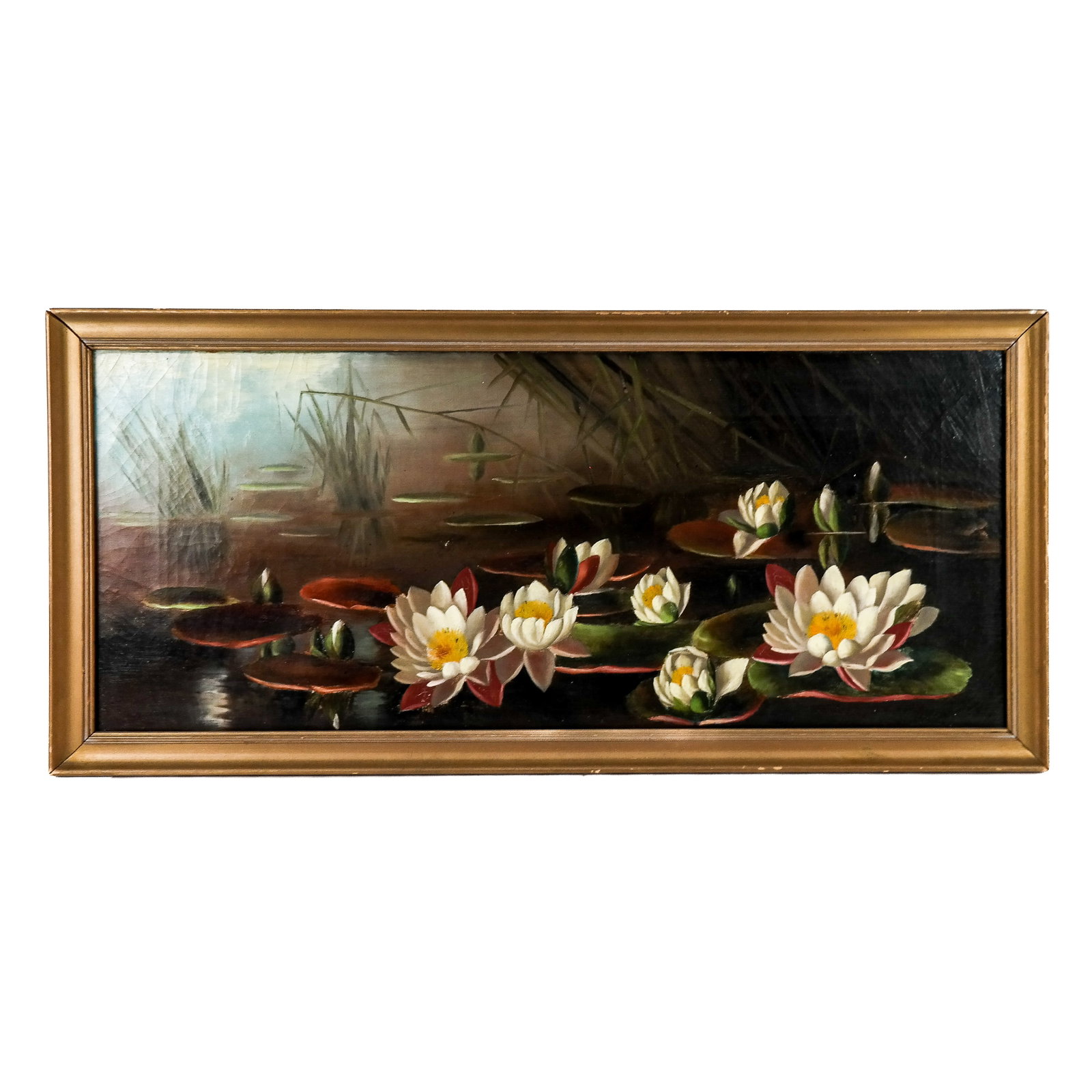 American School: Lilies - Oil Painting: Unsigned American School oil on canvas painting of lilies floating on a pond/marsh. [Art: 14" H x 33" W; Frame: 17" H x 36" W].