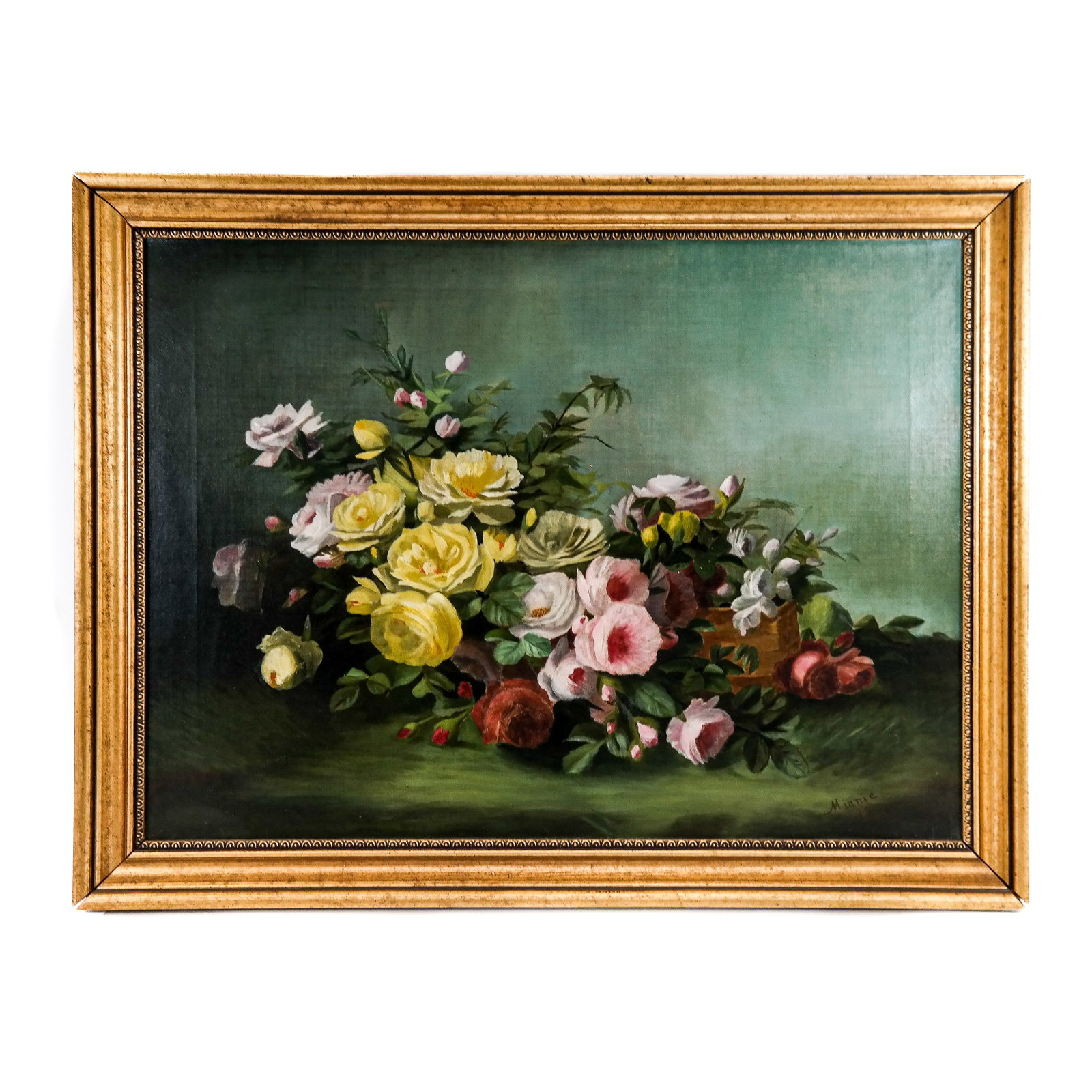 Signed "MINNIE": Floral Still Life - Oil Painting: American School oil on canvas painting of a floral still life with yellow and pink roses, signed "Minnie" lower right, dated '99. [Art: 20" H x 27" W; Frame: 24" H x 31" W]. Restorations.