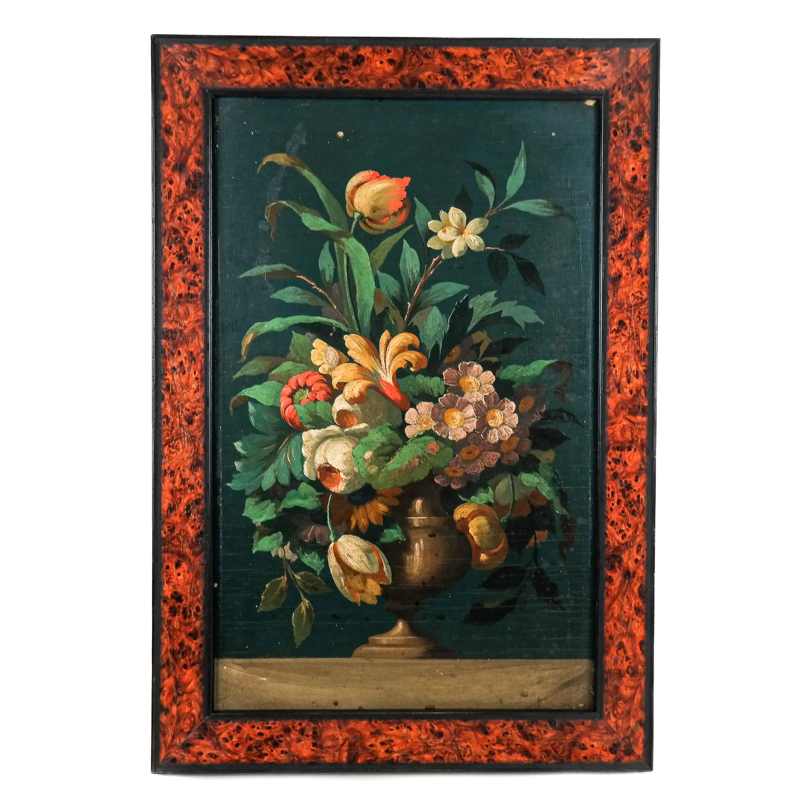 Floral Still Life - Oil Painting: Unsigned oil on board painting of a table still life of flowers in an urn. [Art: 16" H x 10" W; Frame: 19 1/2" H x 13 1/2" W].