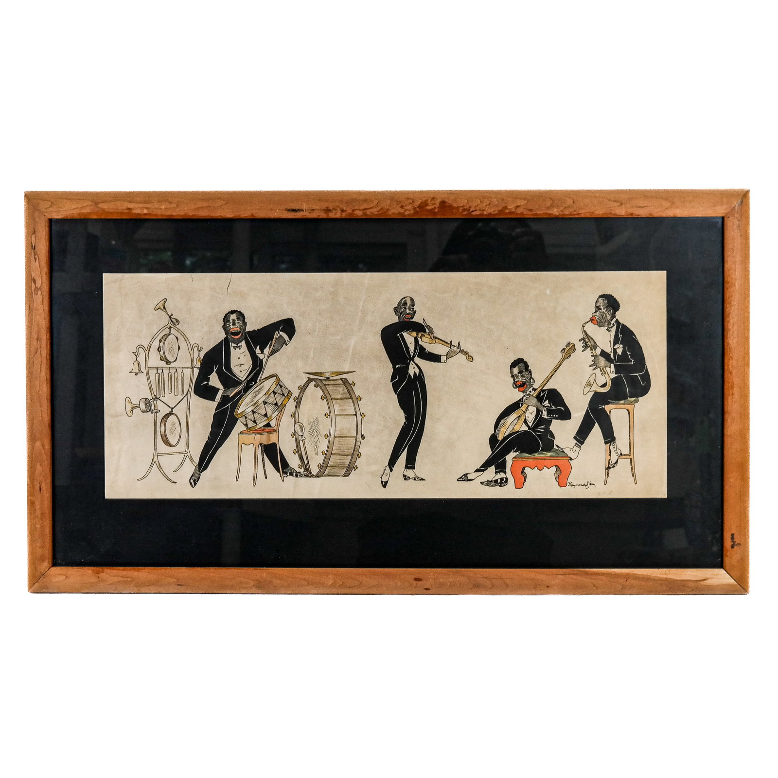 Raymond NIRY: Jazz Band - Watercolor Painting: Raymond Niry watercolor on brown paper study of a 4-piece jazz band, signed lower right. [Art: 9 1/2" H x 24" W; Frame: 17" H x 31" W].
