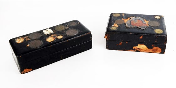 Two Leather Boxes Inset w/ Coins & Objects