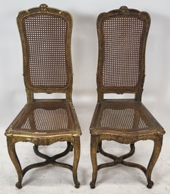 Pair of Antique French Gilt & Carved Caned Chairs